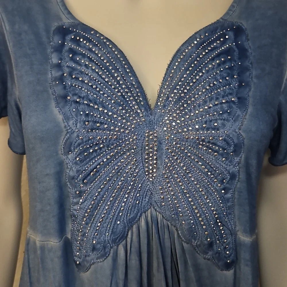 ONE WORLD Blue Embellished Butterfly Fairy Tunic Top